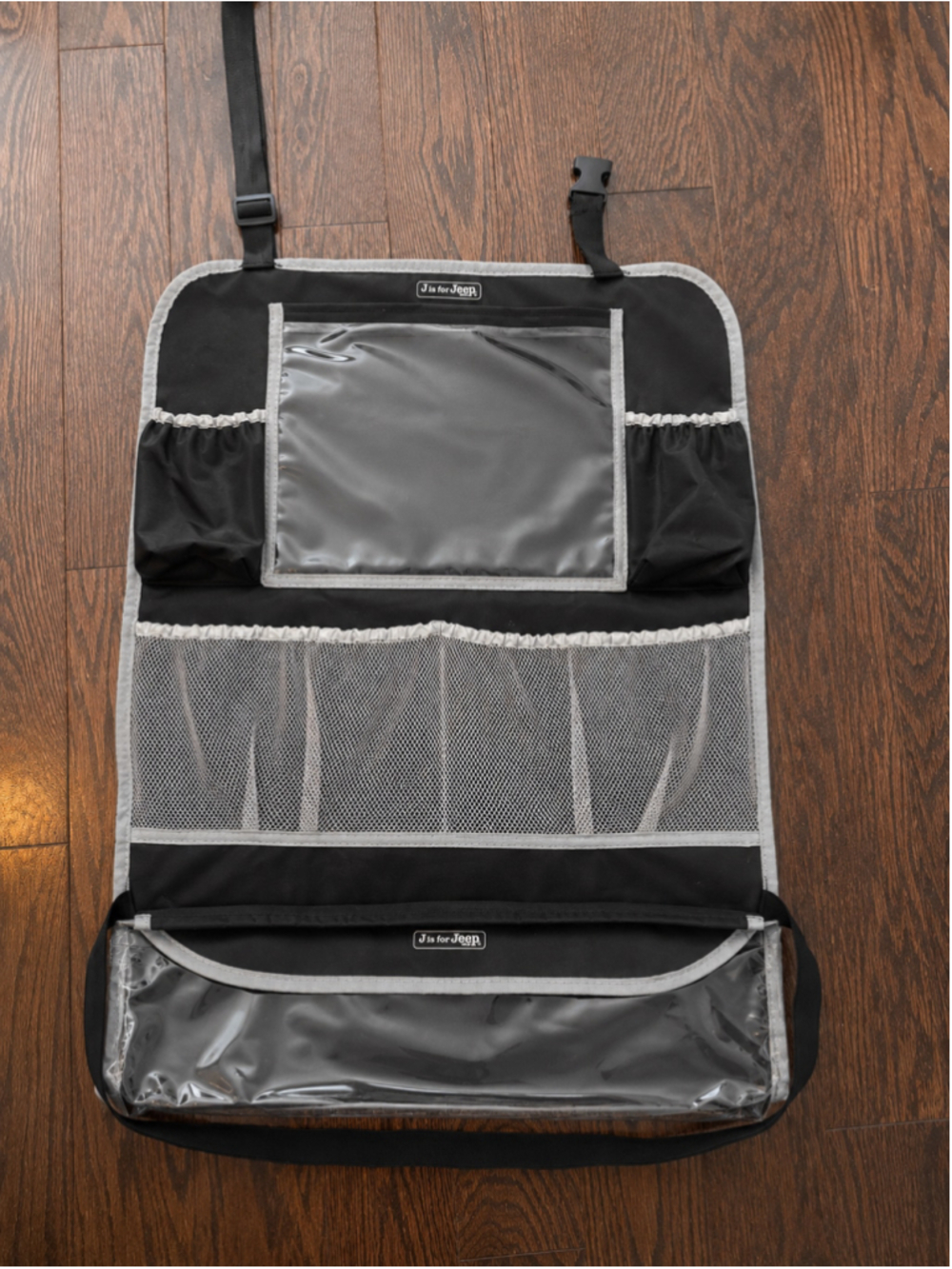 J is for Jeep Back Seat Car Organizer Travel Storage Caddy Black Gray Baby Kids - Picture 3 of 5